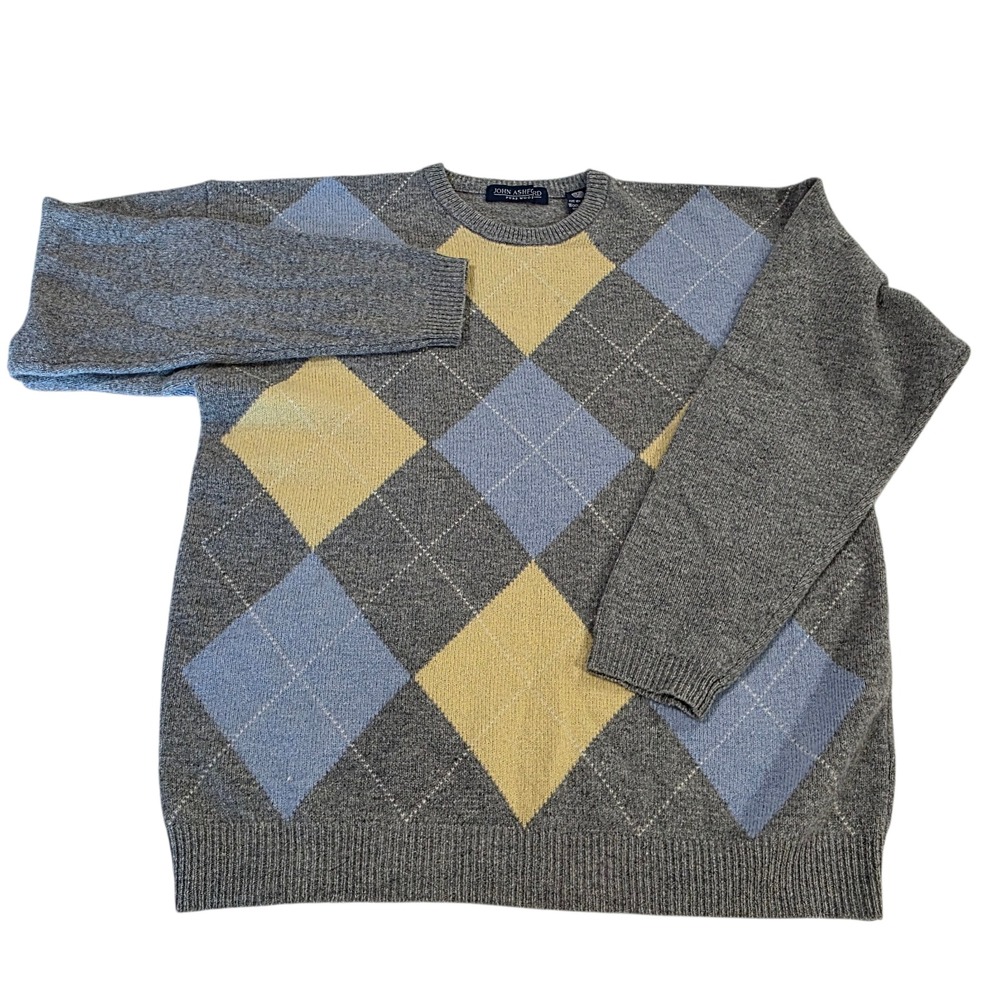 John Ashford Sweater Mens Multicolor L Argyle Pure Wool Crew Neck Long Sleeve